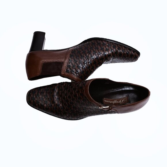 BRIGHTON “Turner” Sophisticated Woven Brown/Black Leather Booties Size 9 M - Picture 9 of 11